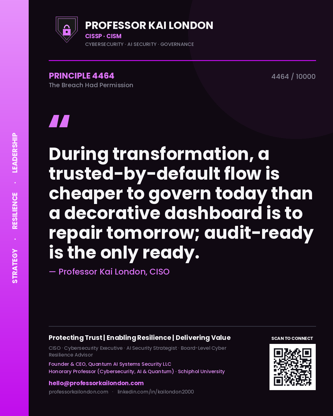 Professor Kai London principle 4464: During transformation, a trusted-by-default flow is cheaper to govern today than a decorative dashboard is to repair tomorrow; audit-ready is the only ready.
