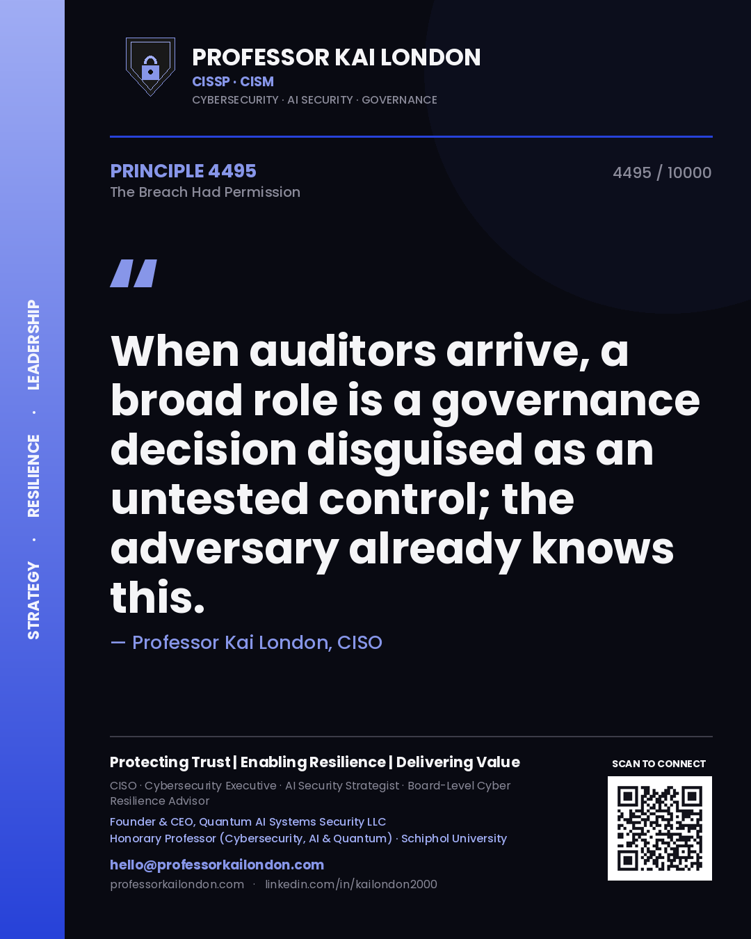 Professor Kai London principle 4495: When auditors arrive, a broad role is a governance decision disguised as an untested control; the adversary already knows this.