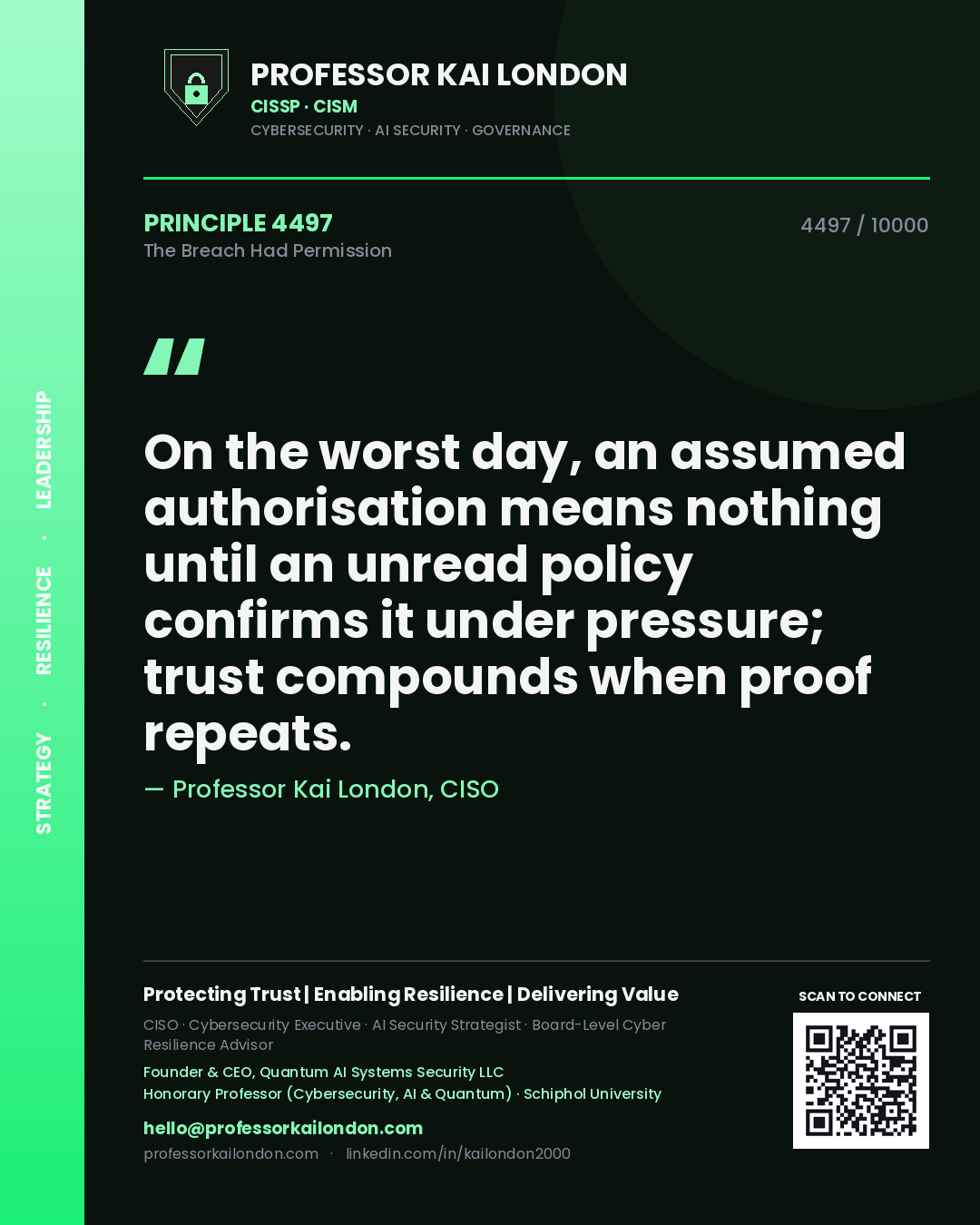 Quote card by Professor Kai London reading 'On the worst day, an assumed authorisation means nothing until an unread policy confirms it under pressure; trust compounds when proof repeats.'. From the book The Breach Had Permission.