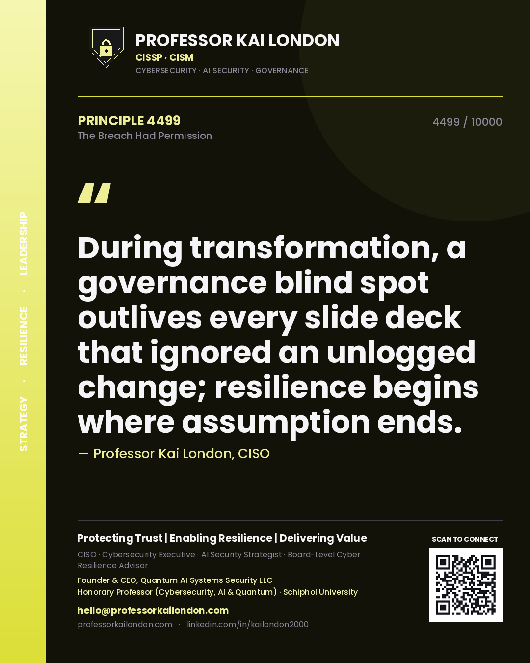 Professor Kai London principle 4499: During transformation, a governance blind spot outlives every slide deck that ignored an unlogged change; resilience begins where assumption ends.