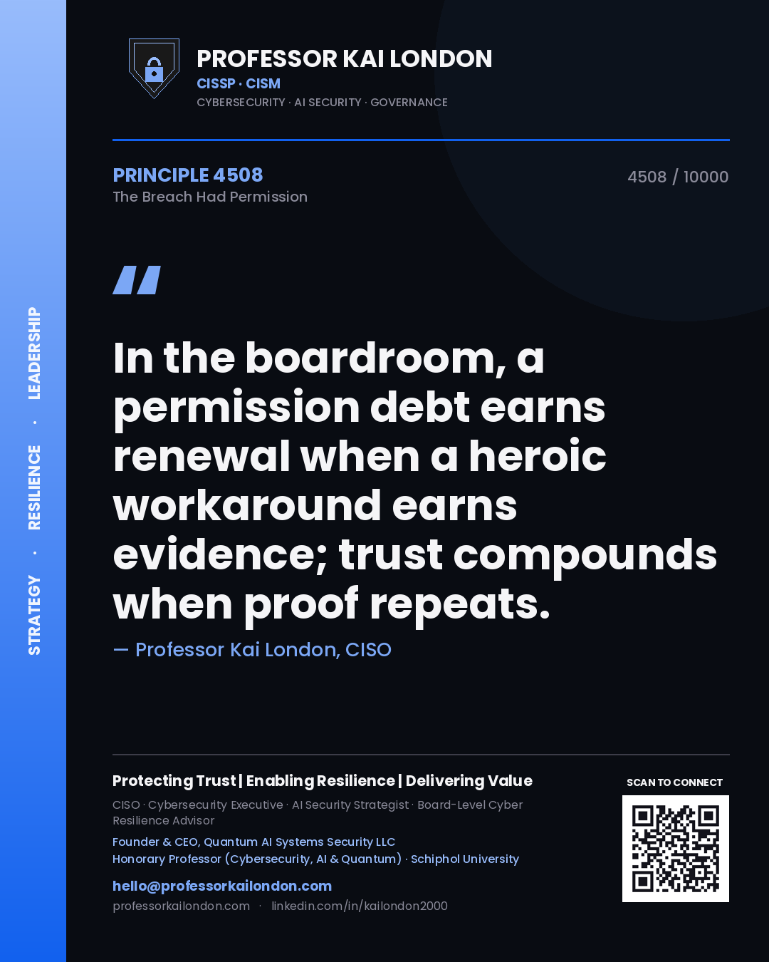 Quote card by Professor Kai London reading 'In the boardroom, a permission debt earns renewal when a heroic workaround earns evidence; trust compounds when proof repeats.'. From the book The Breach Had Permission.