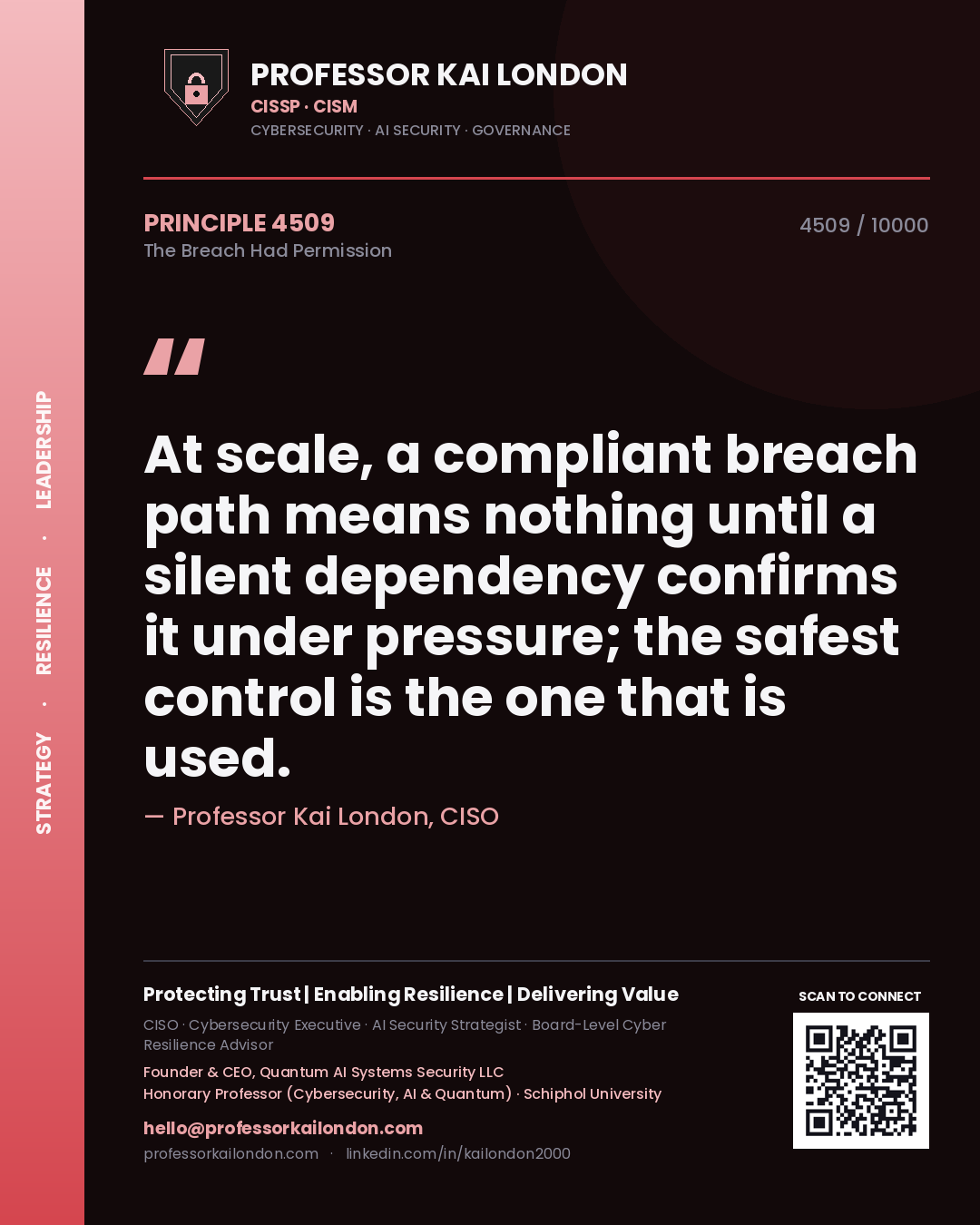 Quote card by Professor Kai London reading 'At scale, a compliant breach path means nothing until a silent dependency confirms it under pressure; the safest control is the one that is used.'. From the book The Breach Had Permission.