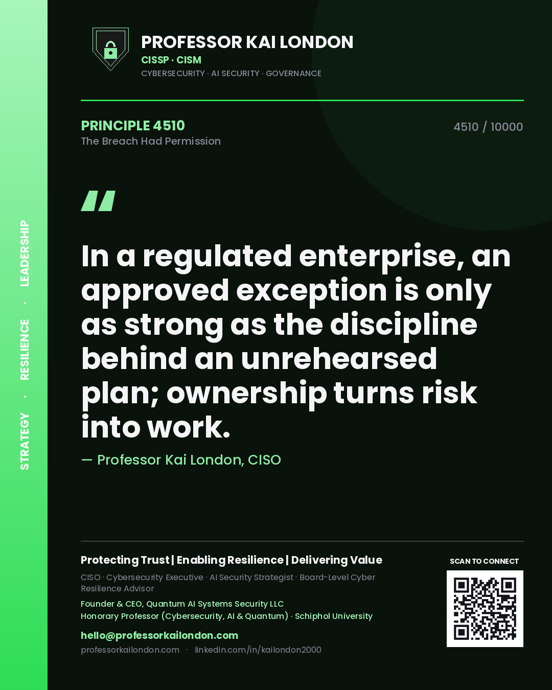 Quote card by Professor Kai London reading 'In a regulated enterprise, an approved exception is only as strong as the discipline behind an unrehearsed plan; ownership turns risk into work.'. From the book The Breach Had Permission.