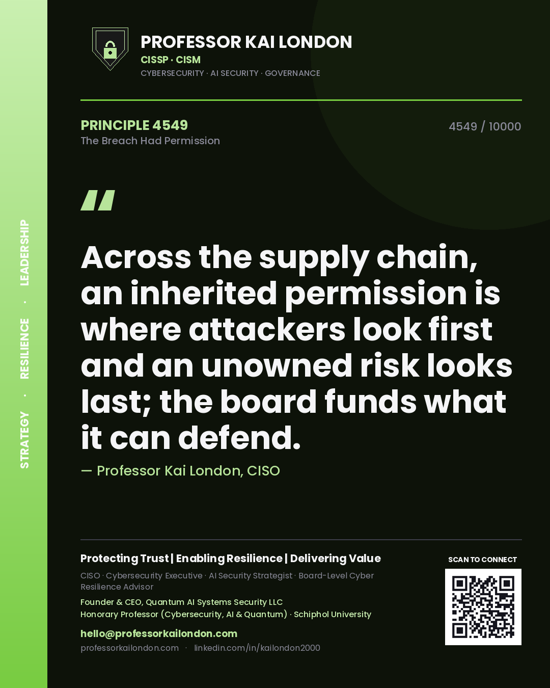 Professor Kai London principle 4549: Across the supply chain, an inherited permission is where attackers look first and an unowned risk looks last; the board funds what it can defend.
