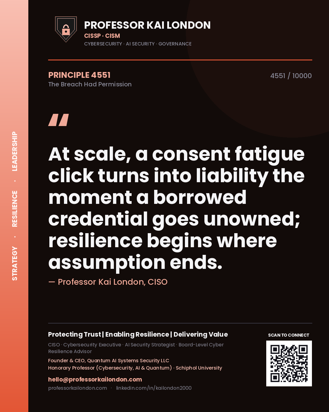 Quote card by Professor Kai London reading 'At scale, a consent fatigue click turns into liability the moment a borrowed credential goes unowned; resilience begins where assumption ends.'. From the book The Breach Had Permission.