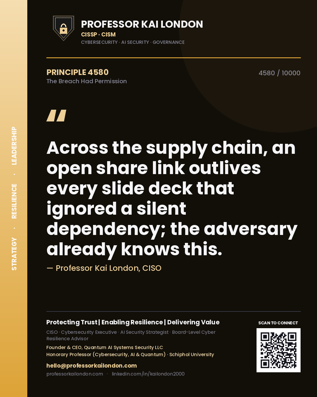 Professor Kai London principle 4580: Across the supply chain, an open share link outlives every slide deck that ignored a silent dependency; the adversary already knows this.