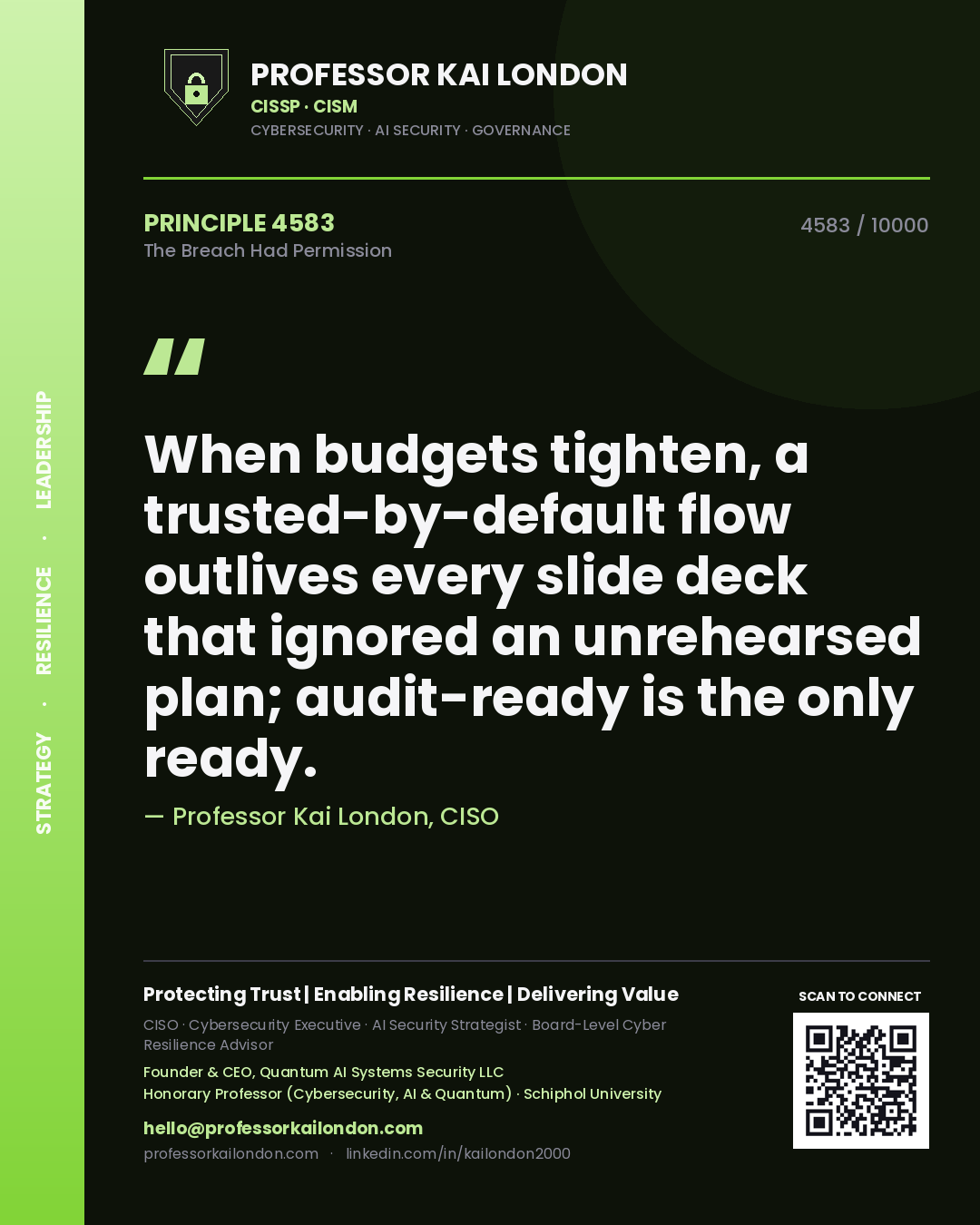 Professor Kai London principle 4583: When budgets tighten, a trusted-by-default flow outlives every slide deck that ignored an unrehearsed plan; audit-ready is the only ready.