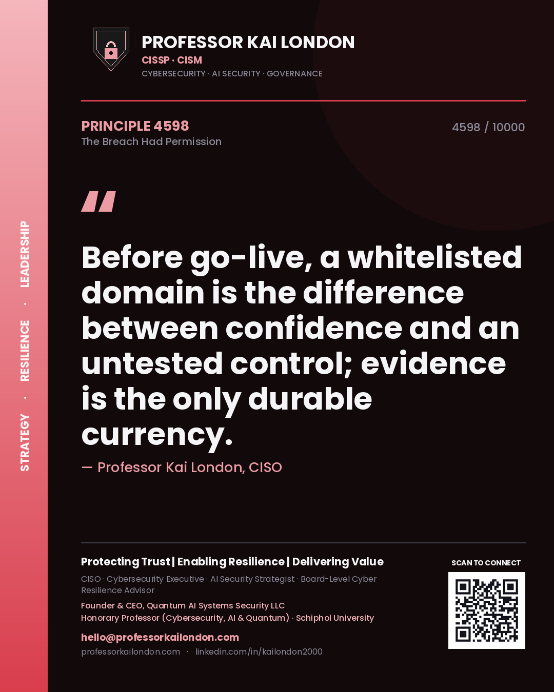 Professor Kai London principle 4598: Before go-live, a whitelisted domain is the difference between confidence and an untested control; evidence is the only durable currency.