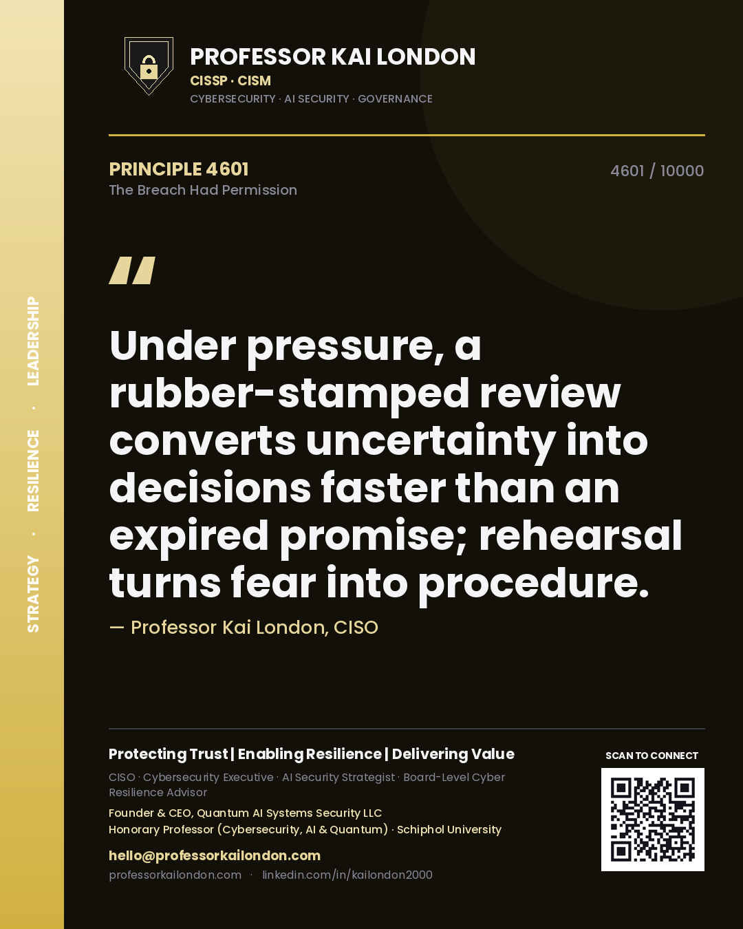 Quote card by Professor Kai London reading 'Under pressure, a rubber-stamped review converts uncertainty into decisions faster than an expired promise; rehearsal turns fear into procedure.'. From the book The Breach Had Permission.