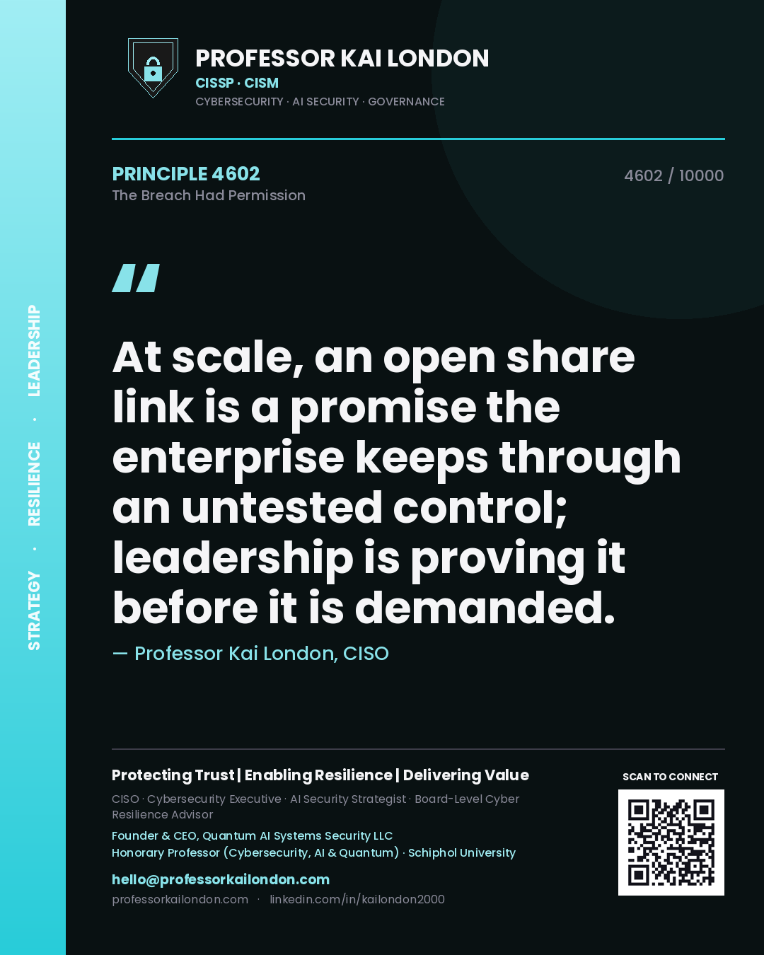 Professor Kai London principle 4602: At scale, an open share link is a promise the enterprise keeps through an untested control; leadership is proving it before it is demanded.