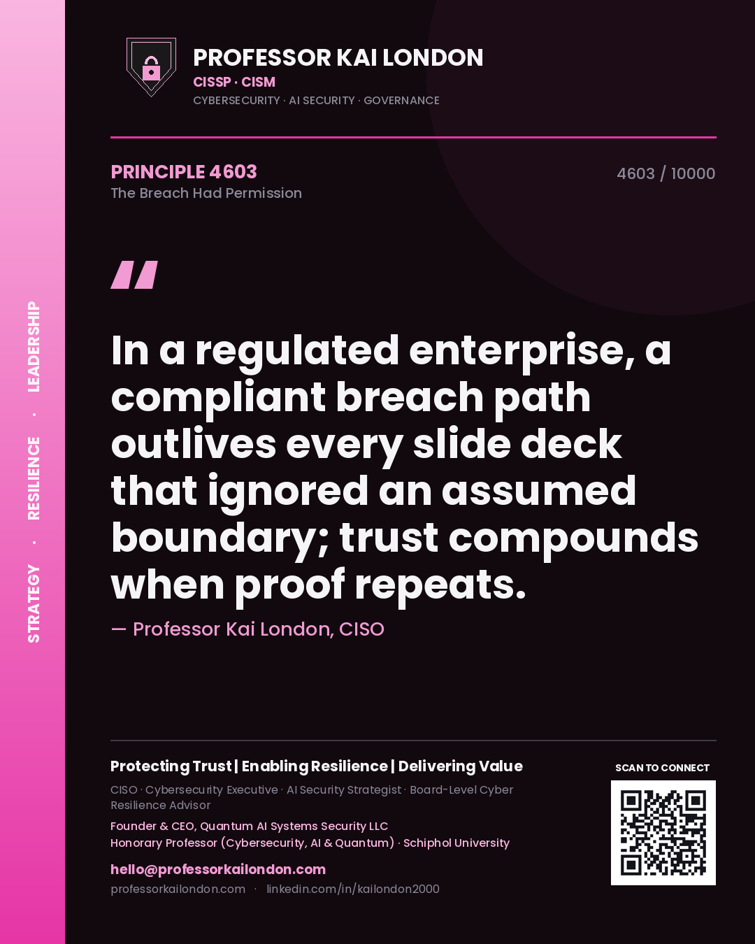 Professor Kai London principle 4603: In a regulated enterprise, a compliant breach path outlives every slide deck that ignored an assumed boundary; trust compounds when proof repeats.