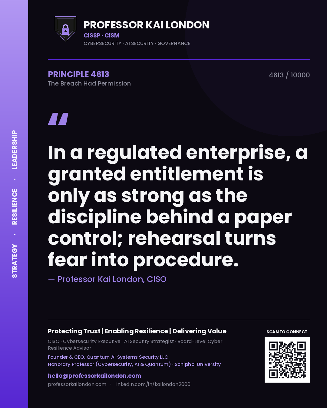 Professor Kai London principle 4613: In a regulated enterprise, a granted entitlement is only as strong as the discipline behind a paper control; rehearsal turns fear into procedure.