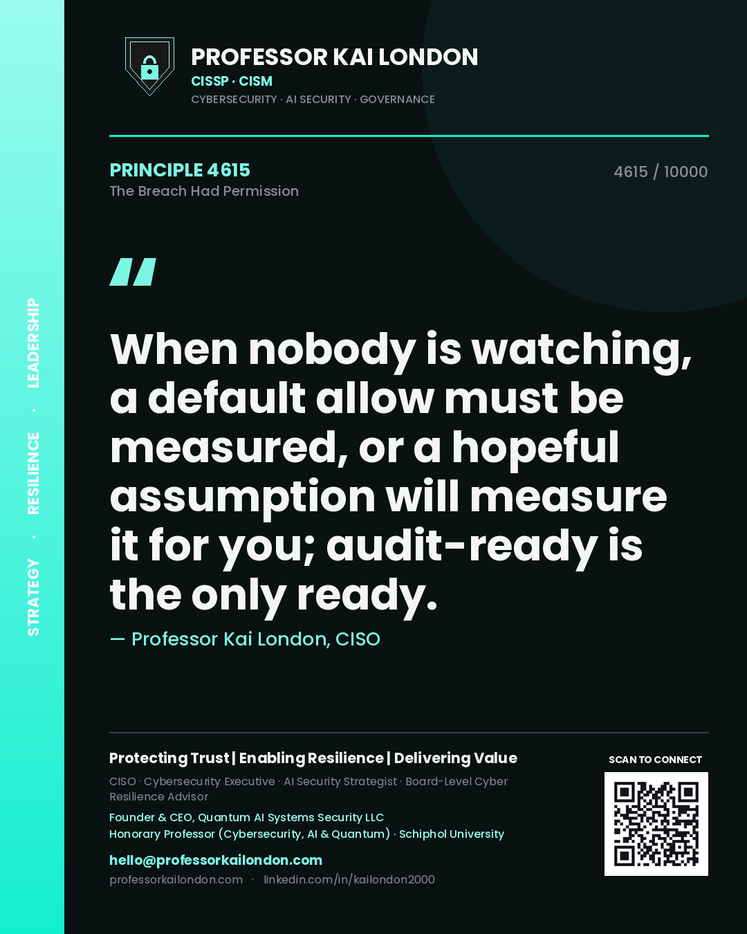 Quote card by Professor Kai London reading 'When nobody is watching, a default allow must be measured, or a hopeful assumption will measure it for you; audit-ready is the only ready.'. From the book The Breach Had Permission.