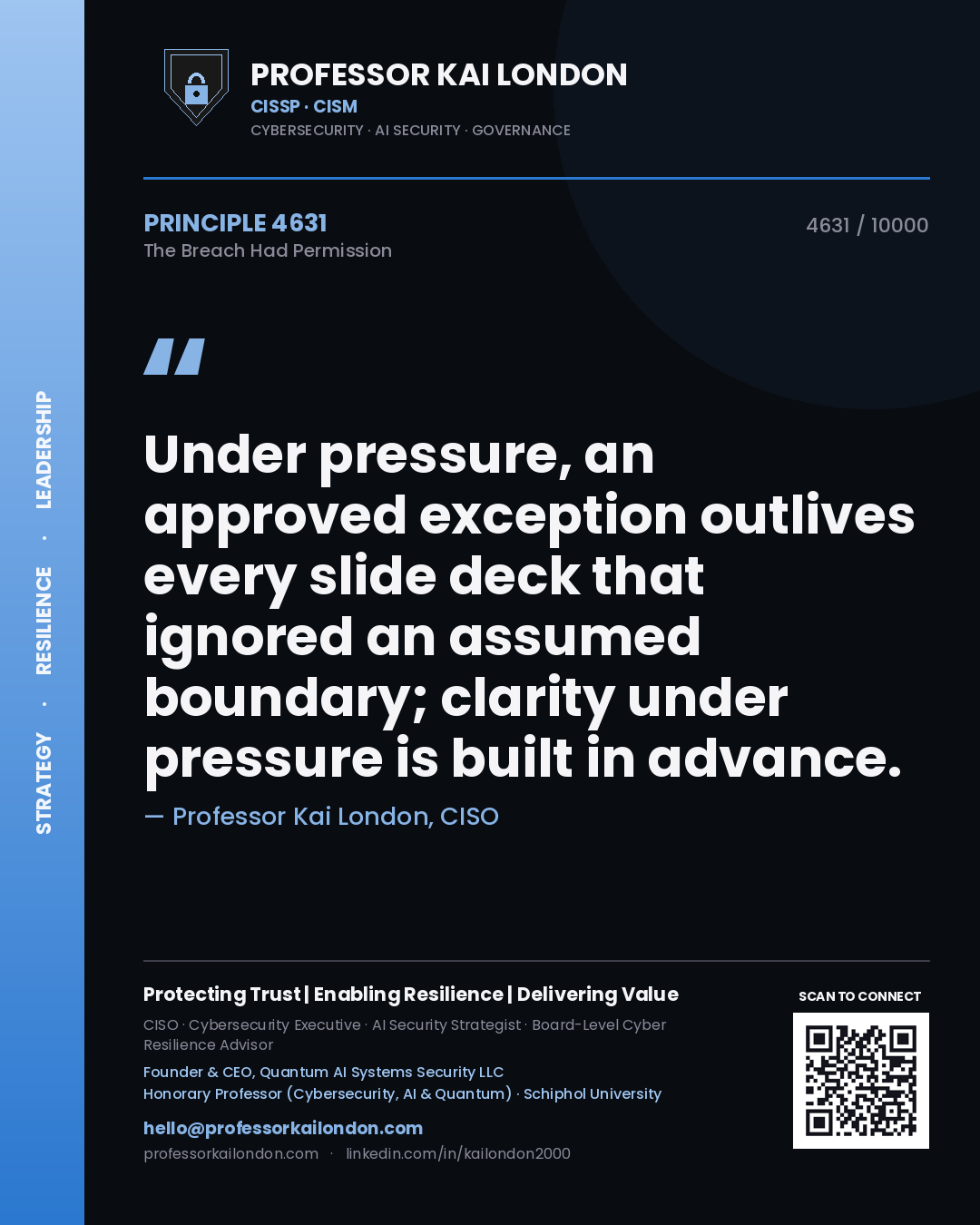 Professor Kai London principle 4631: Under pressure, an approved exception outlives every slide deck that ignored an assumed boundary; clarity under pressure is built in advance.