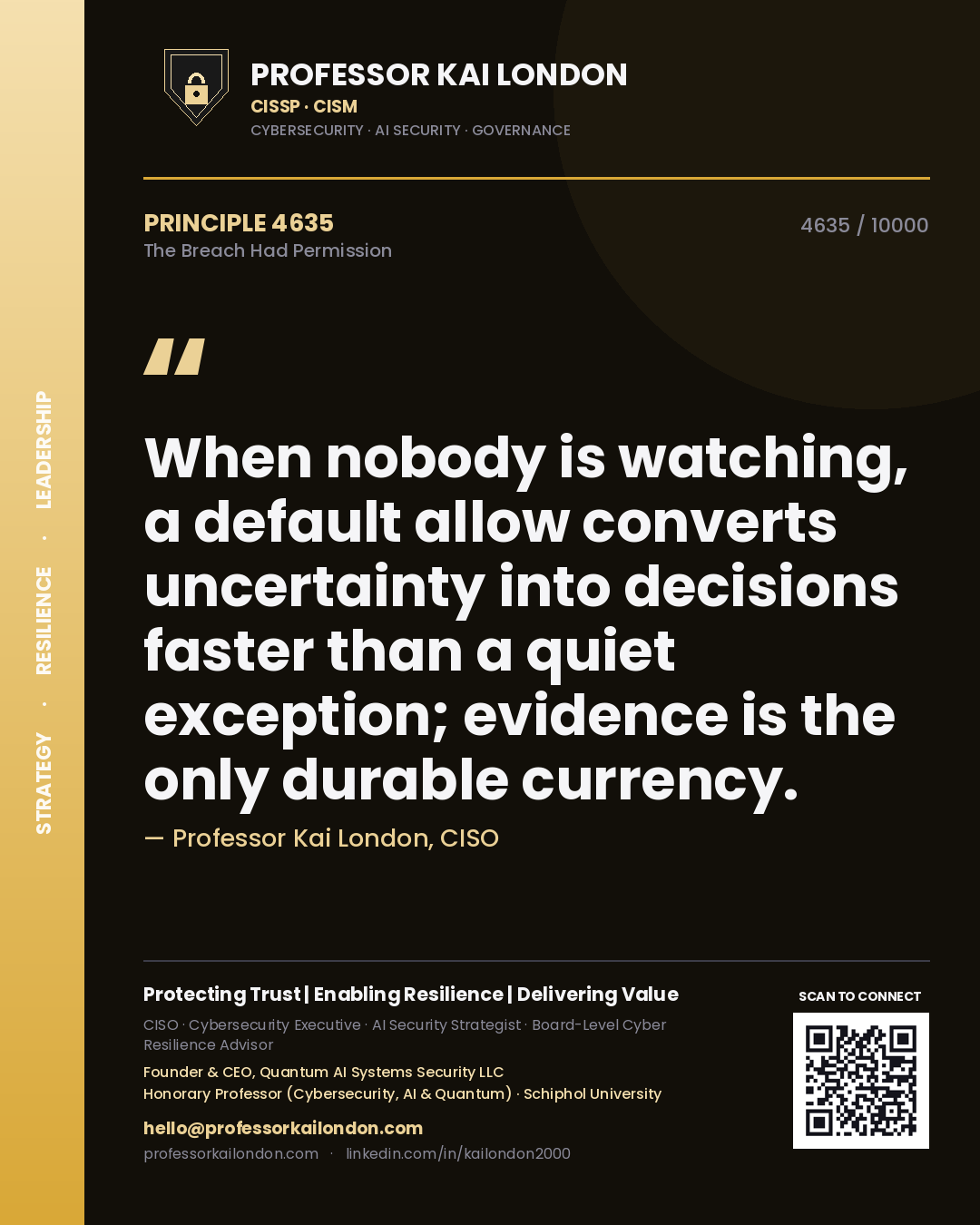 Professor Kai London principle 4635: When nobody is watching, a default allow converts uncertainty into decisions faster than a quiet exception; evidence is the only durable currency.