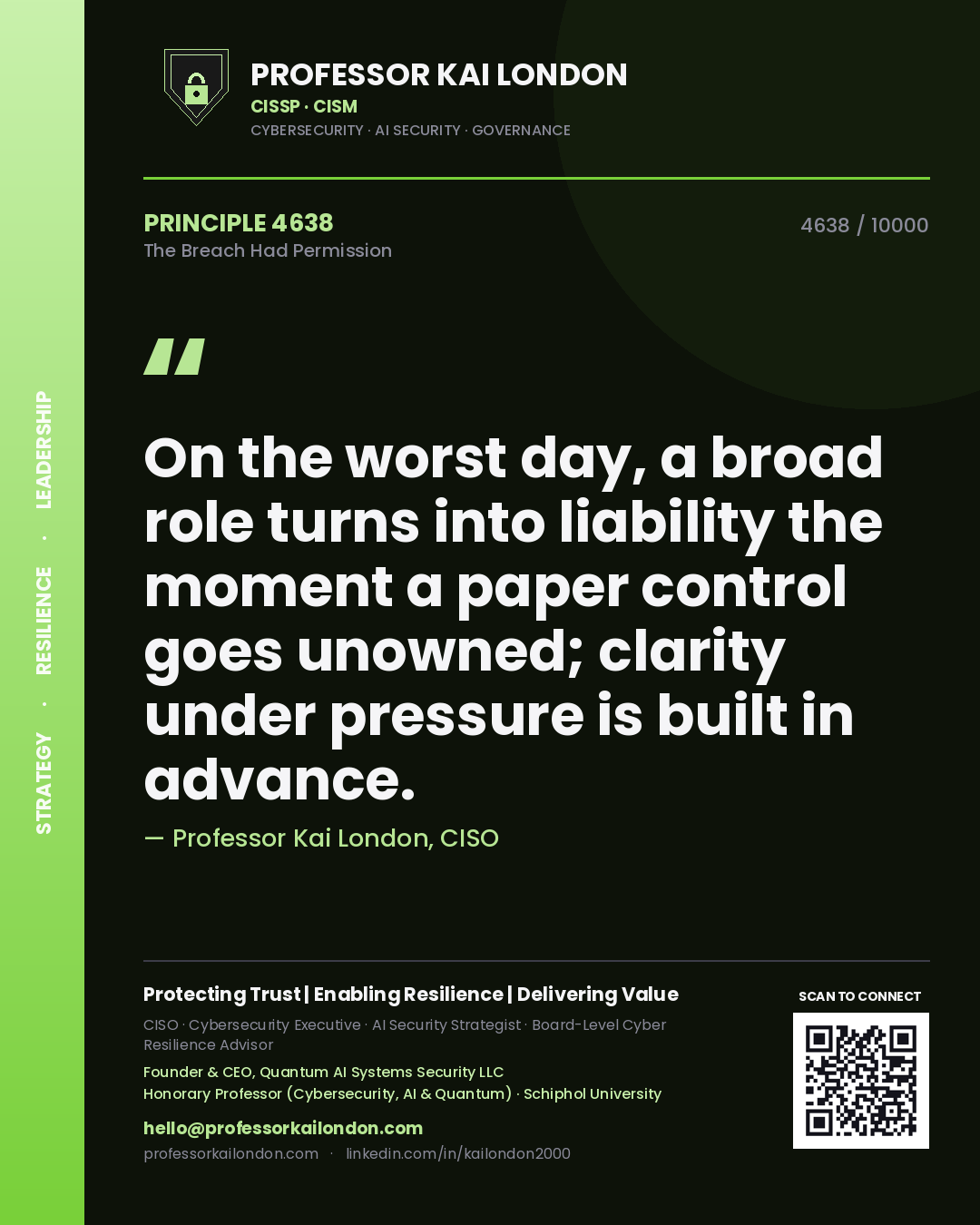 Professor Kai London principle 4638: On the worst day, a broad role turns into liability the moment a paper control goes unowned; clarity under pressure is built in advance.