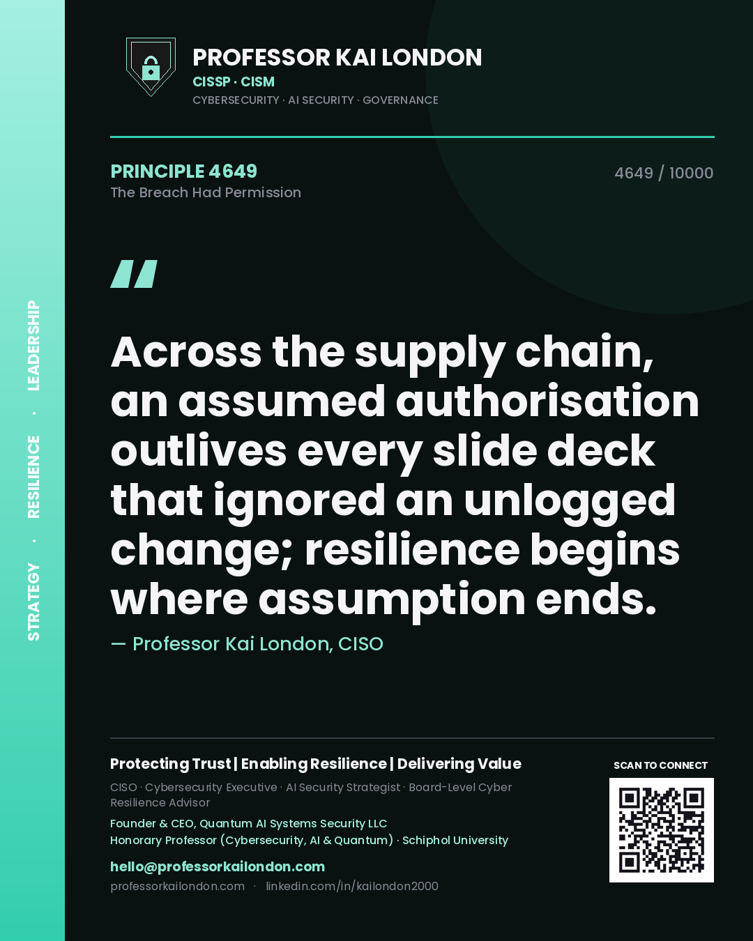 Quote card by Professor Kai London reading 'Across the supply chain, an assumed authorisation outlives every slide deck that ignored an unlogged change; resilience begins where assumption ends.'. From the book The Breach Had Permission.