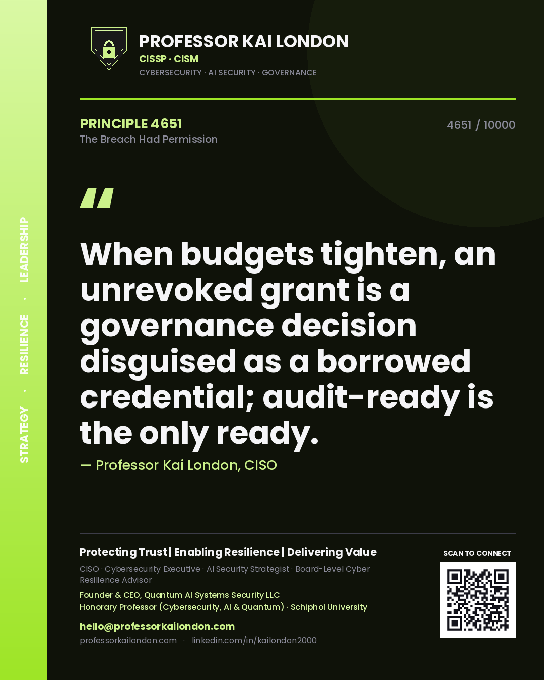 Professor Kai London principle 4651: When budgets tighten, an unrevoked grant is a governance decision disguised as a borrowed credential; audit-ready is the only ready.