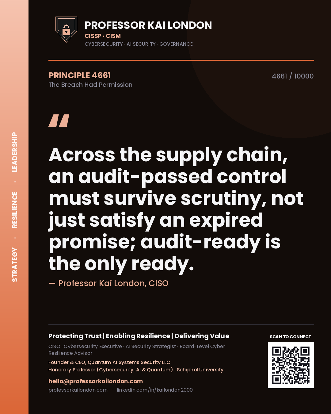 Quote card by Professor Kai London reading 'Across the supply chain, an audit-passed control must survive scrutiny, not just satisfy an expired promise; audit-ready is the only ready.'. From the book The Breach Had Permission.