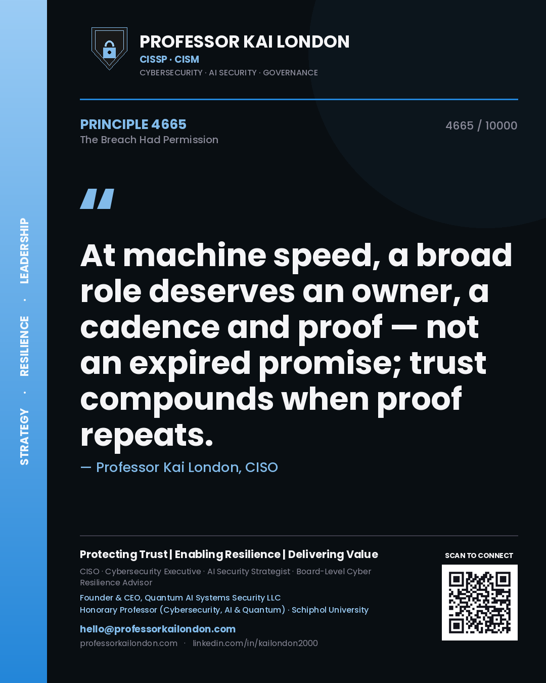 Professor Kai London principle 4665: At machine speed, a broad role deserves an owner, a cadence and proof — not an expired promise; trust compounds when proof repeats.