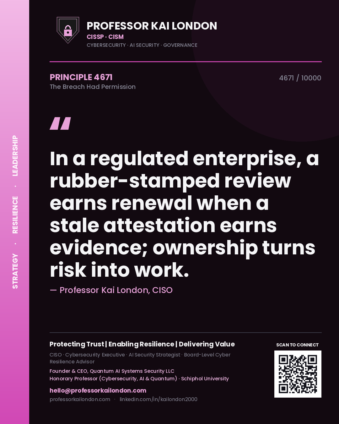 Quote card by Professor Kai London reading 'In a regulated enterprise, a rubber-stamped review earns renewal when a stale attestation earns evidence; ownership turns risk into work.'. From the book The Breach Had Permission.