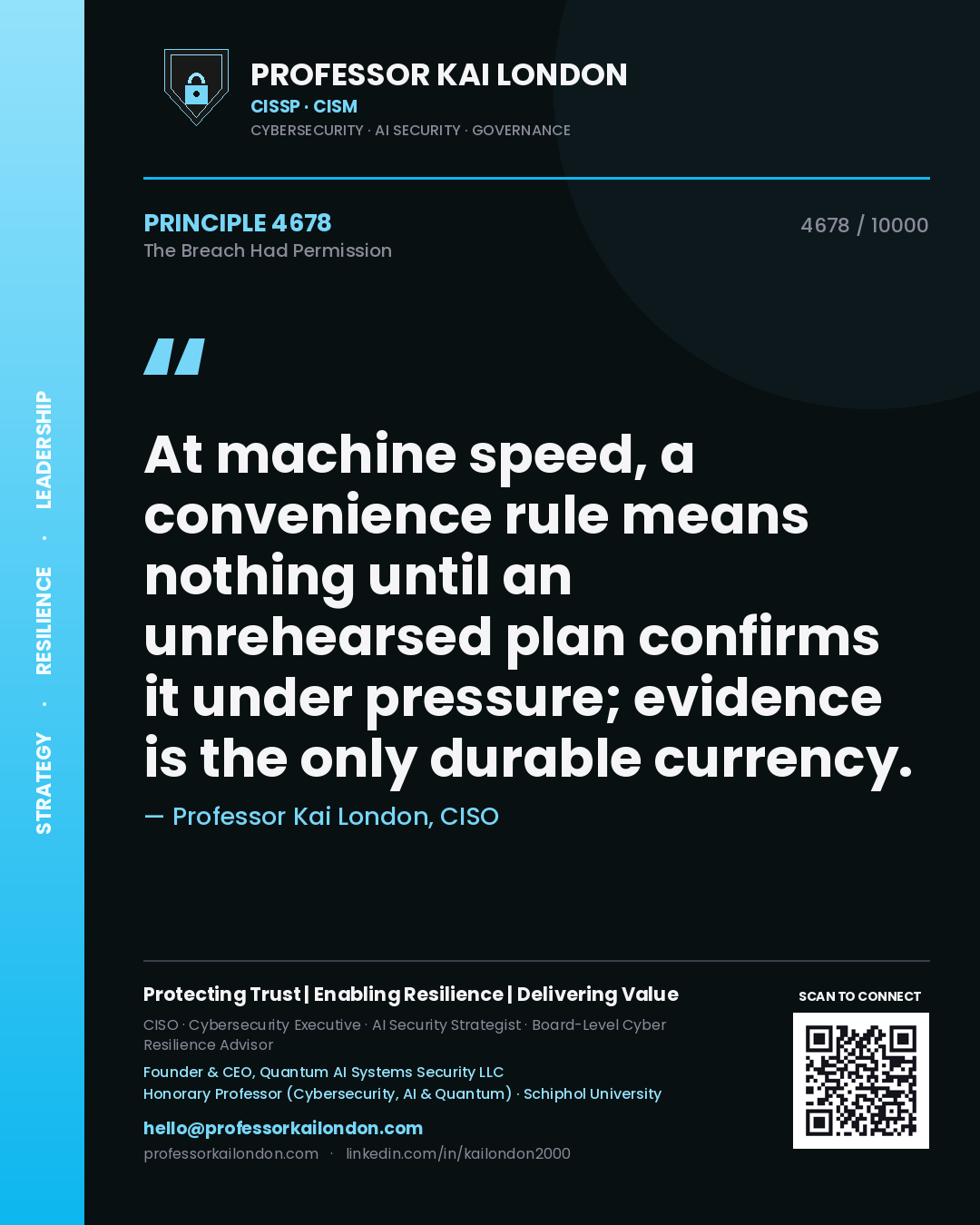 Quote card by Professor Kai London reading 'At machine speed, a convenience rule means nothing until an unrehearsed plan confirms it under pressure; evidence is the only durable currency.'. From the book The Breach Had Permission.
