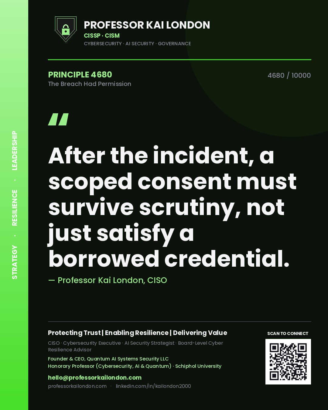 Professor Kai London principle 4680: After the incident, a scoped consent must survive scrutiny, not just satisfy a borrowed credential.