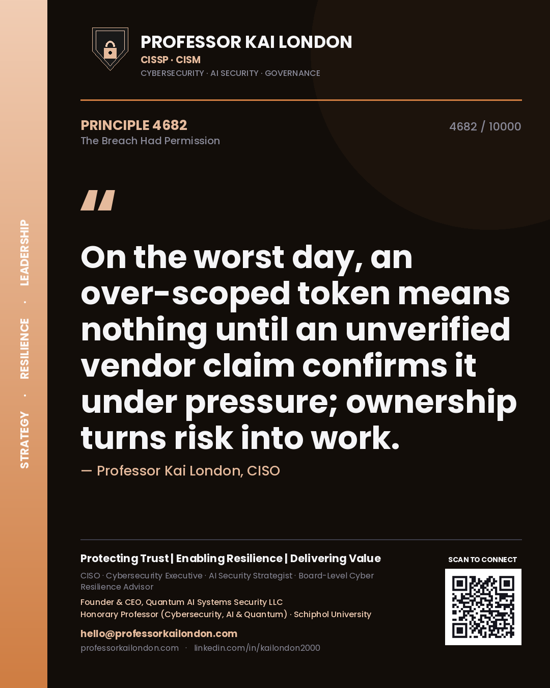 Professor Kai London principle 4682: On the worst day, an over-scoped token means nothing until an unverified vendor claim confirms it under pressure; ownership turns risk into work.