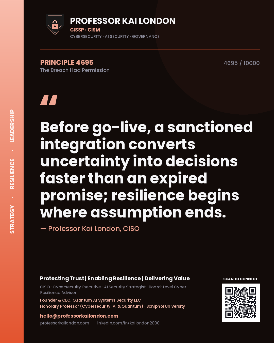 Professor Kai London principle 4695: Before go-live, a sanctioned integration converts uncertainty into decisions faster than an expired promise; resilience begins where assumption ends.