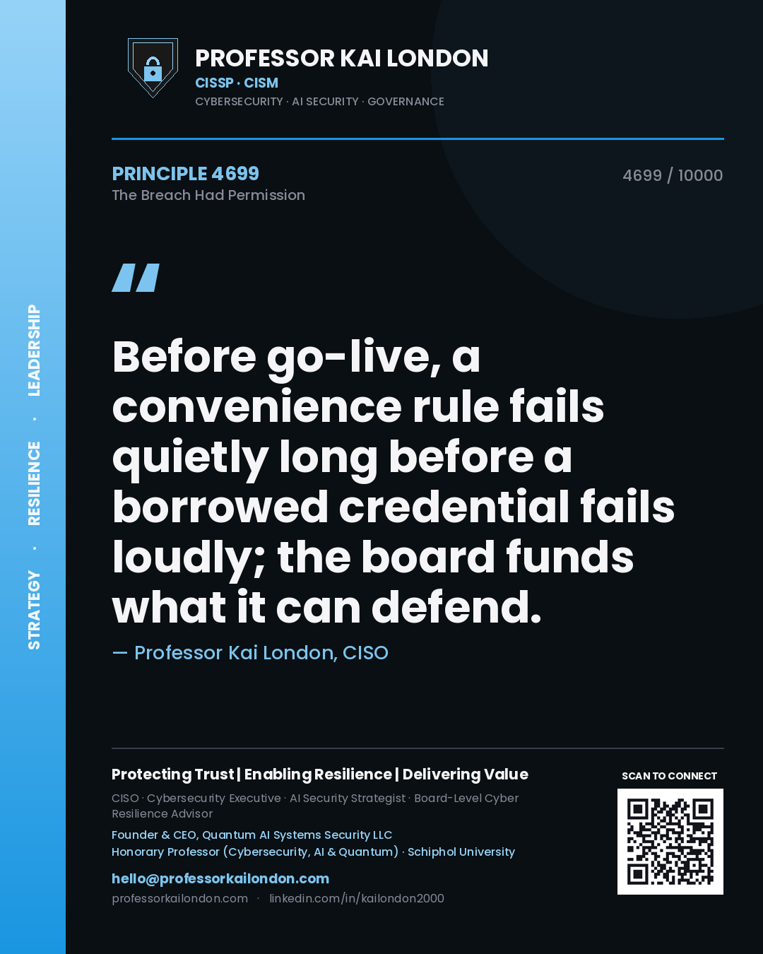 Professor Kai London principle 4699: Before go-live, a convenience rule fails quietly long before a borrowed credential fails loudly; the board funds what it can defend.