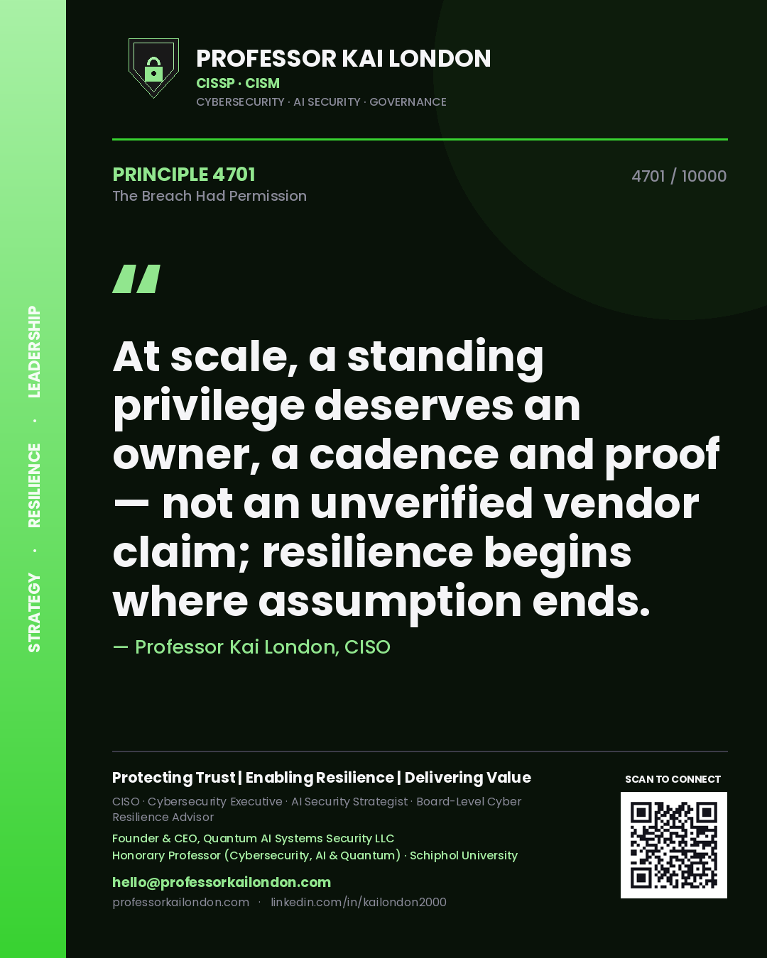 Professor Kai London principle 4701: At scale, a standing privilege deserves an owner, a cadence and proof — not an unverified vendor claim; resilience begins where assumption ends.