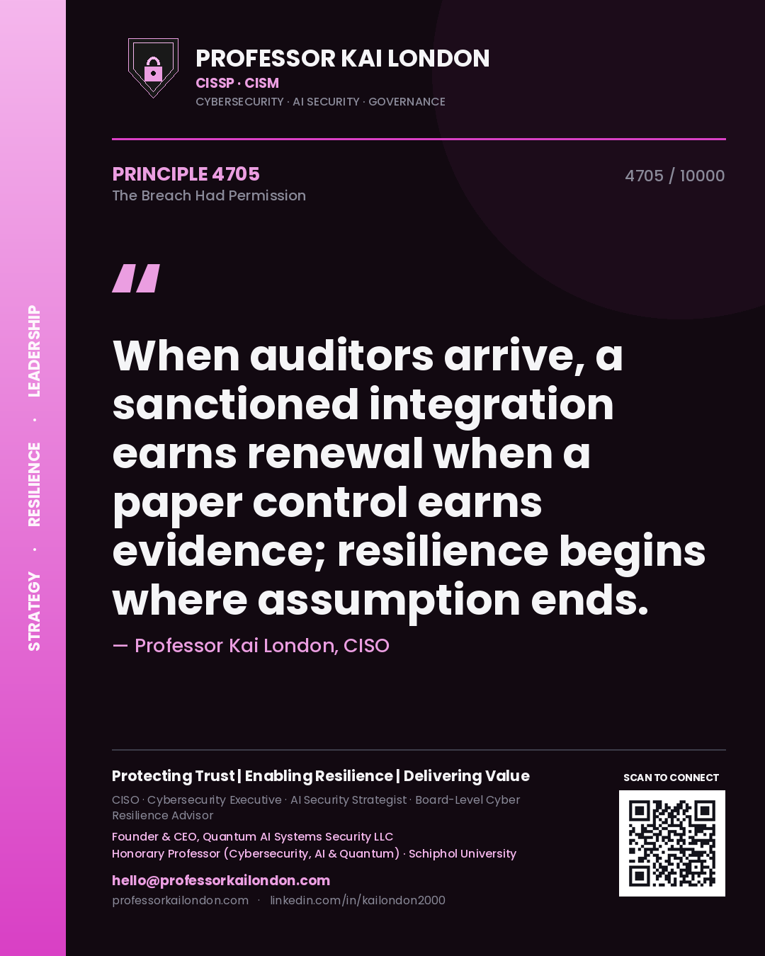 Professor Kai London principle 4705: When auditors arrive, a sanctioned integration earns renewal when a paper control earns evidence; resilience begins where assumption ends.