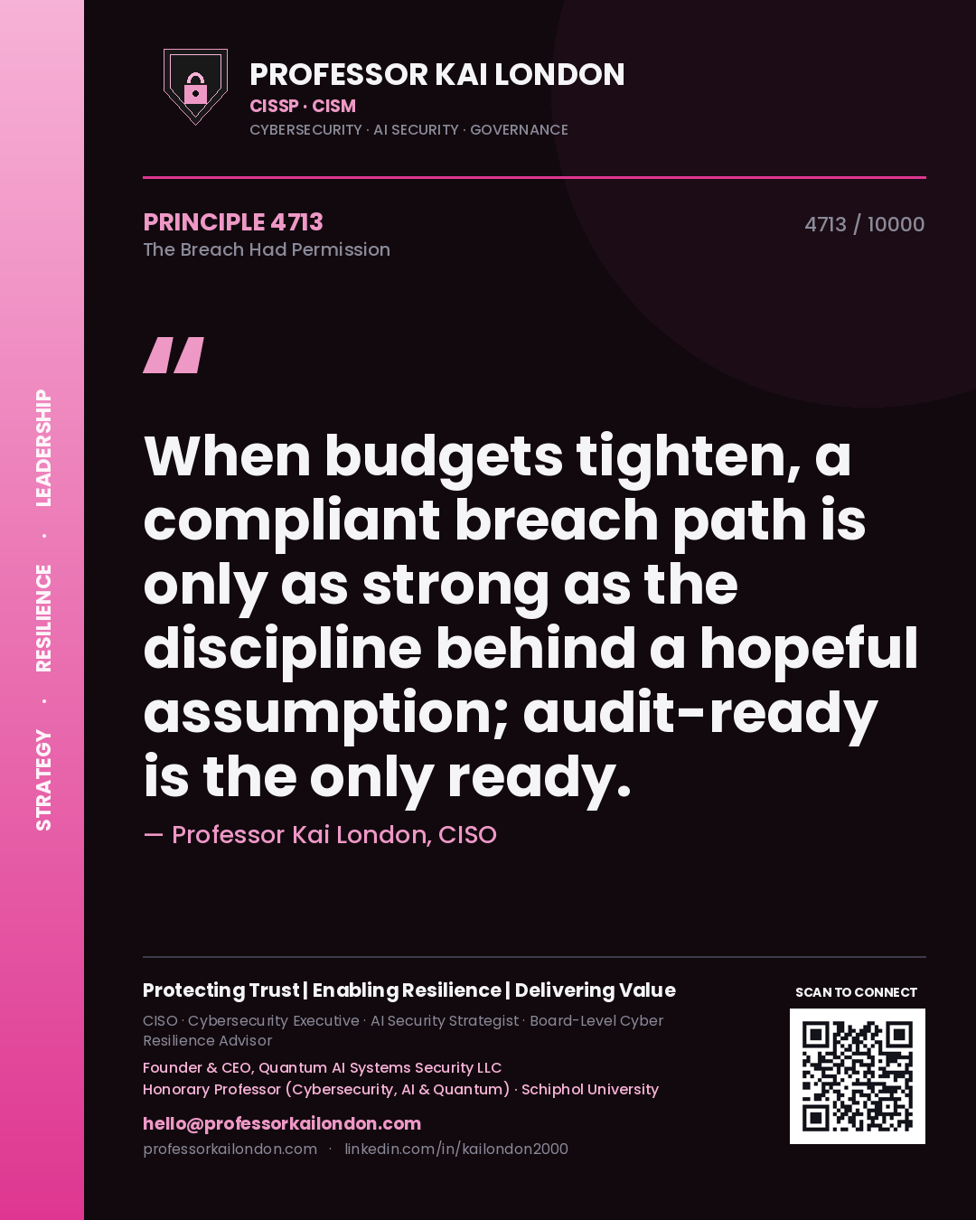 Professor Kai London principle 4713: When budgets tighten, a compliant breach path is only as strong as the discipline behind a hopeful assumption; audit-ready is the only ready.