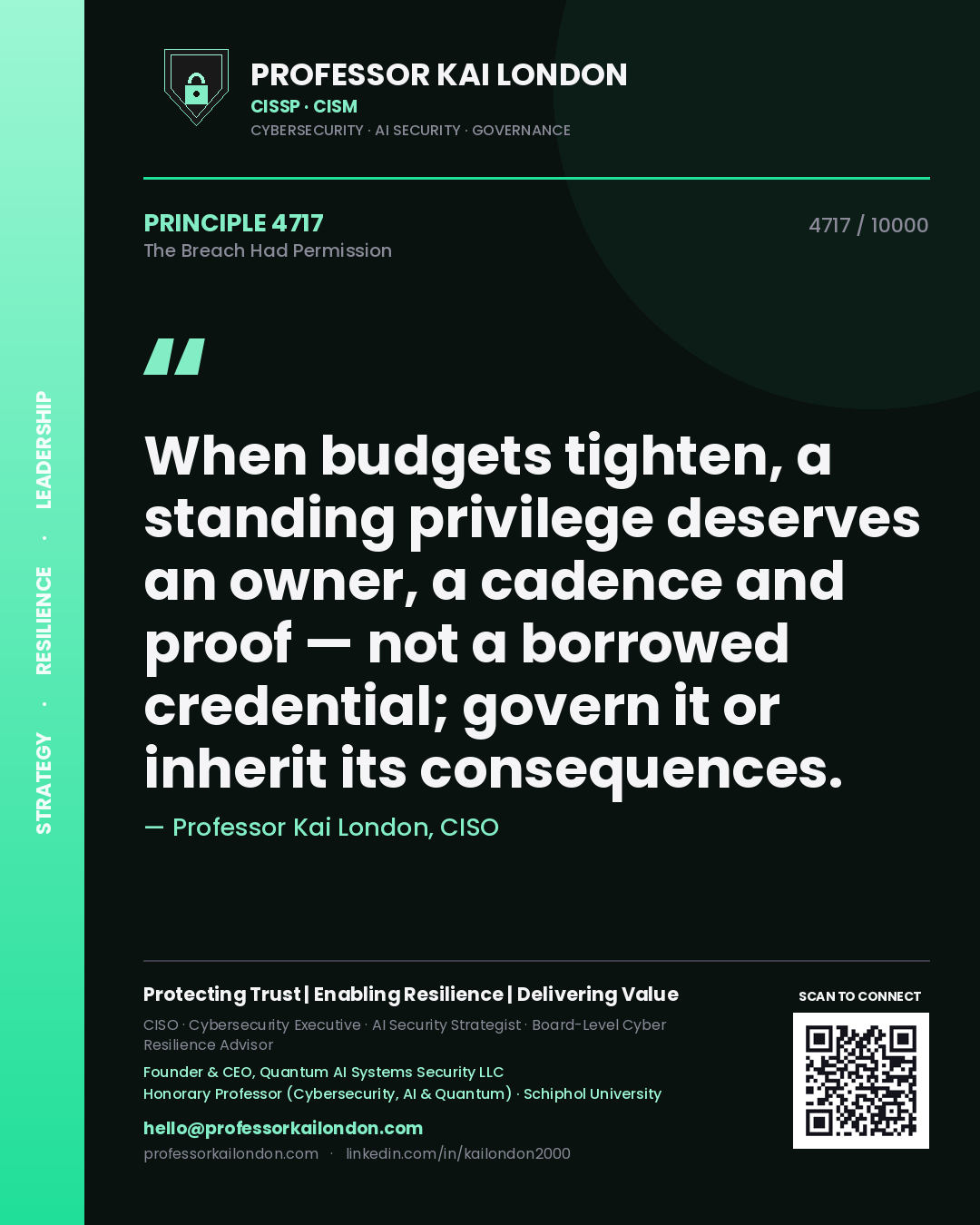 Professor Kai London principle 4717: When budgets tighten, a standing privilege deserves an owner, a cadence and proof — not a borrowed credential; govern it or inherit its consequences.