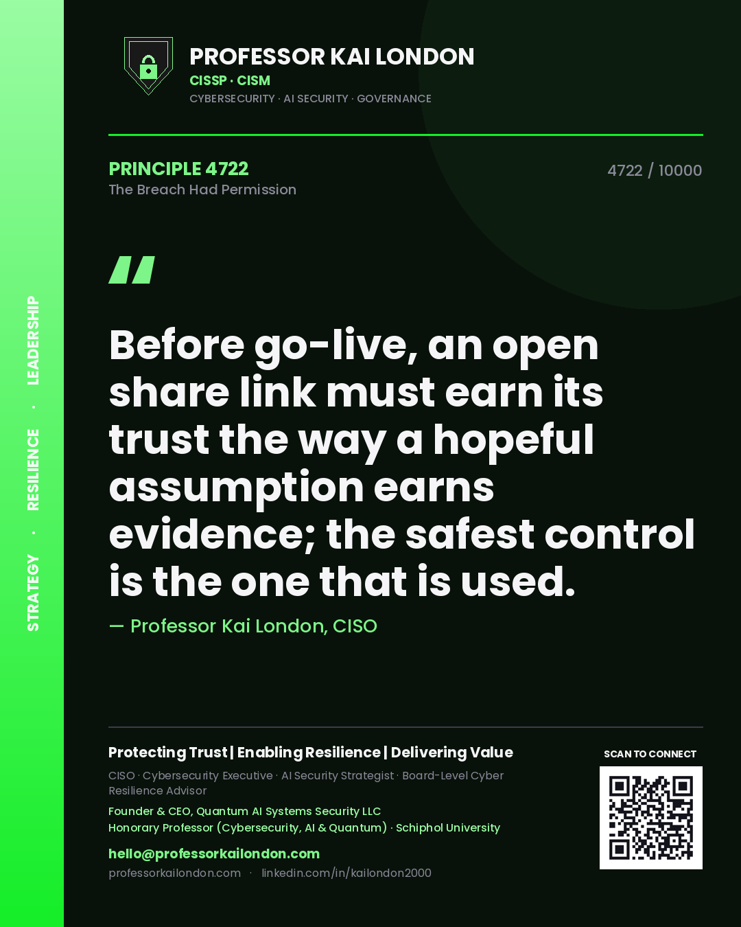 Quote card by Professor Kai London reading 'Before go-live, an open share link must earn its trust the way a hopeful assumption earns evidence; the safest control is the one that is used.'. From the book The Breach Had Permission.