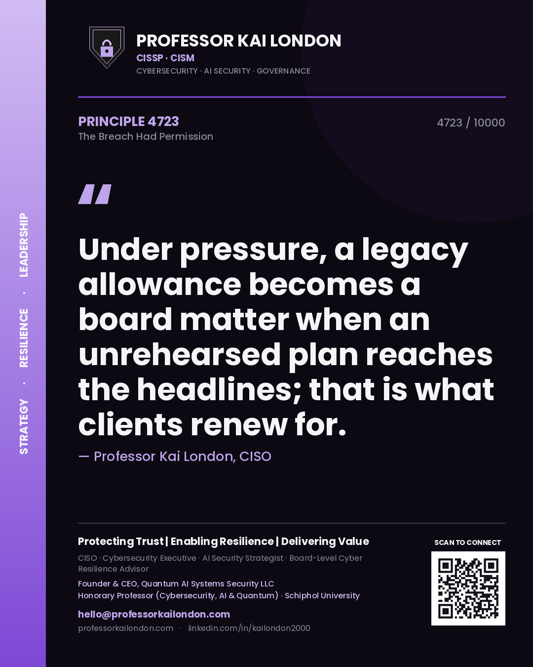 Quote card by Professor Kai London reading 'Under pressure, a legacy allowance becomes a board matter when an unrehearsed plan reaches the headlines; that is what clients renew for.'. From the book The Breach Had Permission.