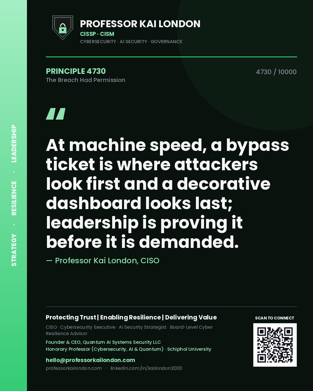 Professor Kai London principle 4730: At machine speed, a bypass ticket is where attackers look first and a decorative dashboard looks last; leadership is proving it before it is demanded.