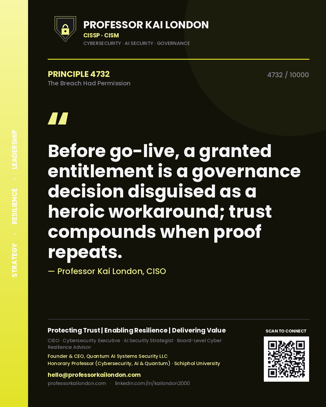 Quote card by Professor Kai London reading 'Before go-live, a granted entitlement is a governance decision disguised as a heroic workaround; trust compounds when proof repeats.'. From the book The Breach Had Permission.