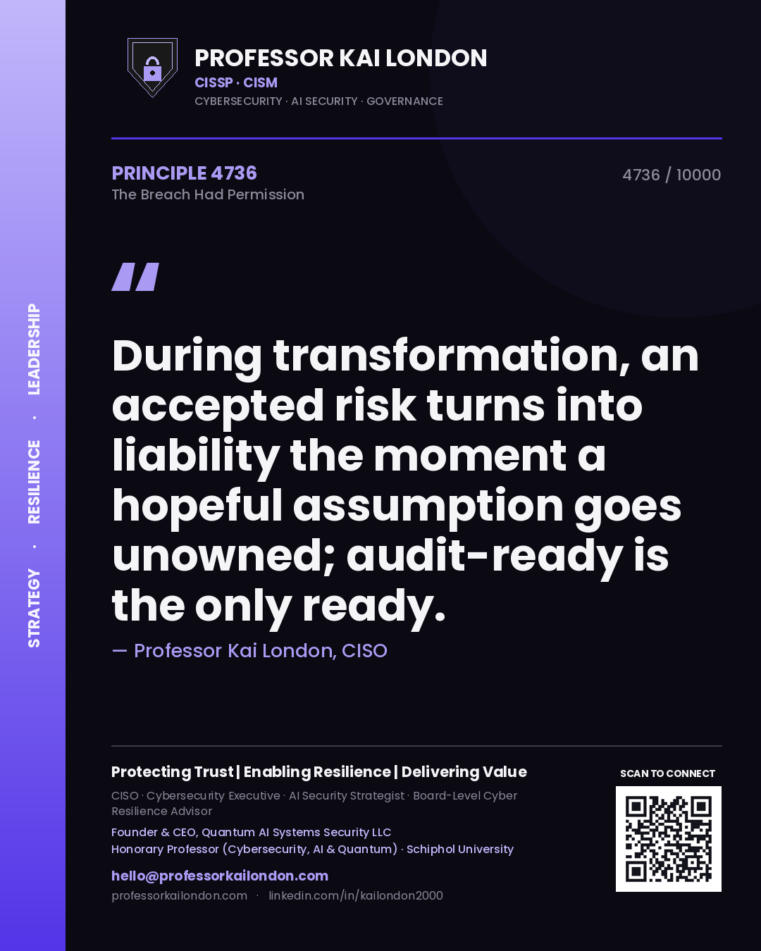 Professor Kai London principle 4736: During transformation, an accepted risk turns into liability the moment a hopeful assumption goes unowned; audit-ready is the only ready.