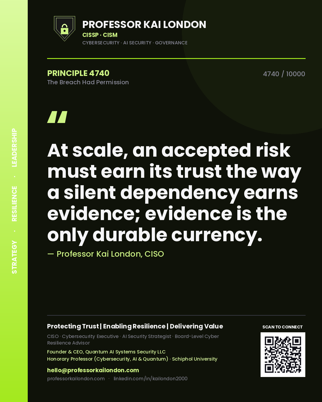 Quote card by Professor Kai London reading 'At scale, an accepted risk must earn its trust the way a silent dependency earns evidence; evidence is the only durable currency.'. From the book The Breach Had Permission.