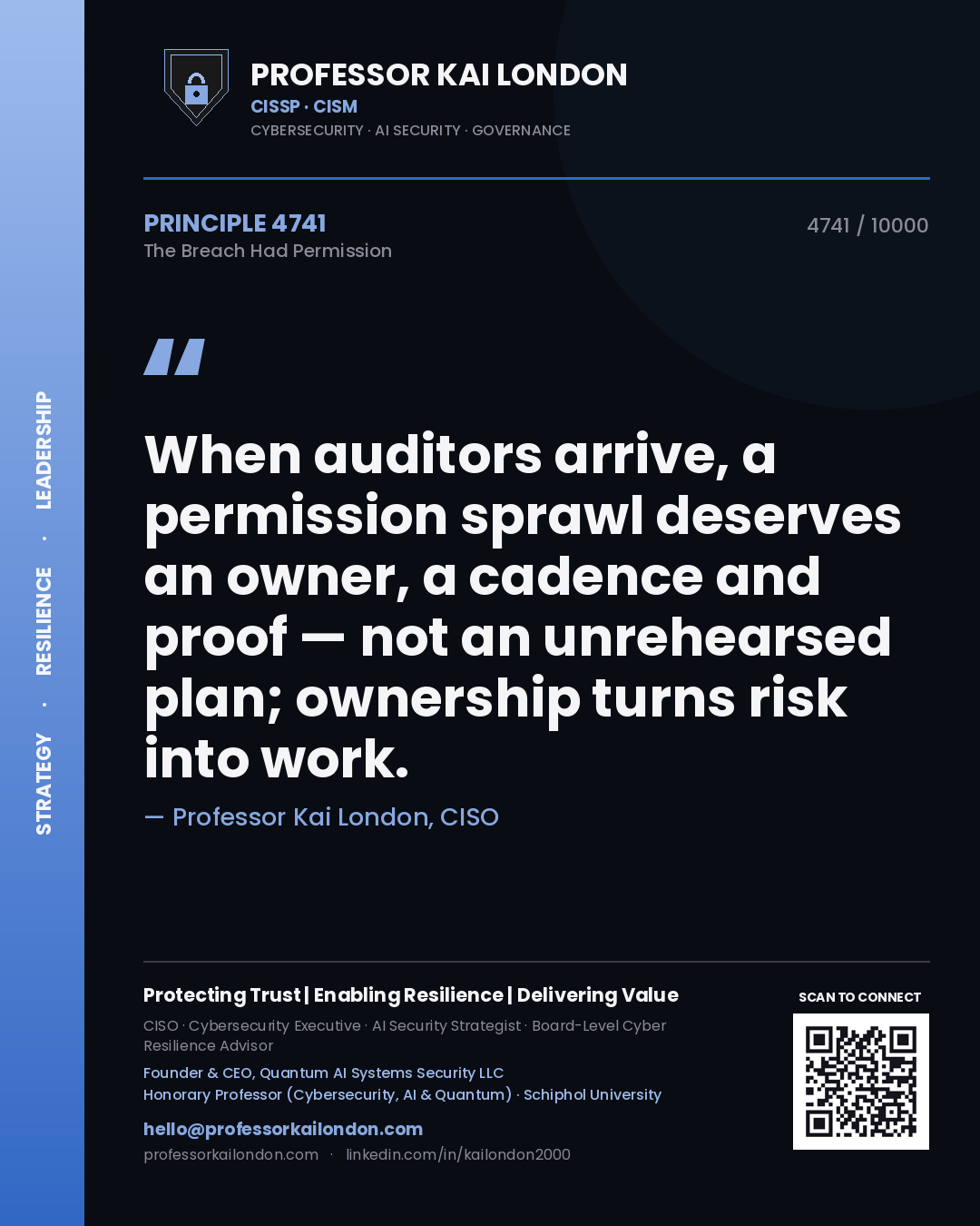 Quote card by Professor Kai London reading 'When auditors arrive, a permission sprawl deserves an owner, a cadence and proof — not an unrehearsed plan; ownership turns risk into work.'. From the book The Breach Had Permission.