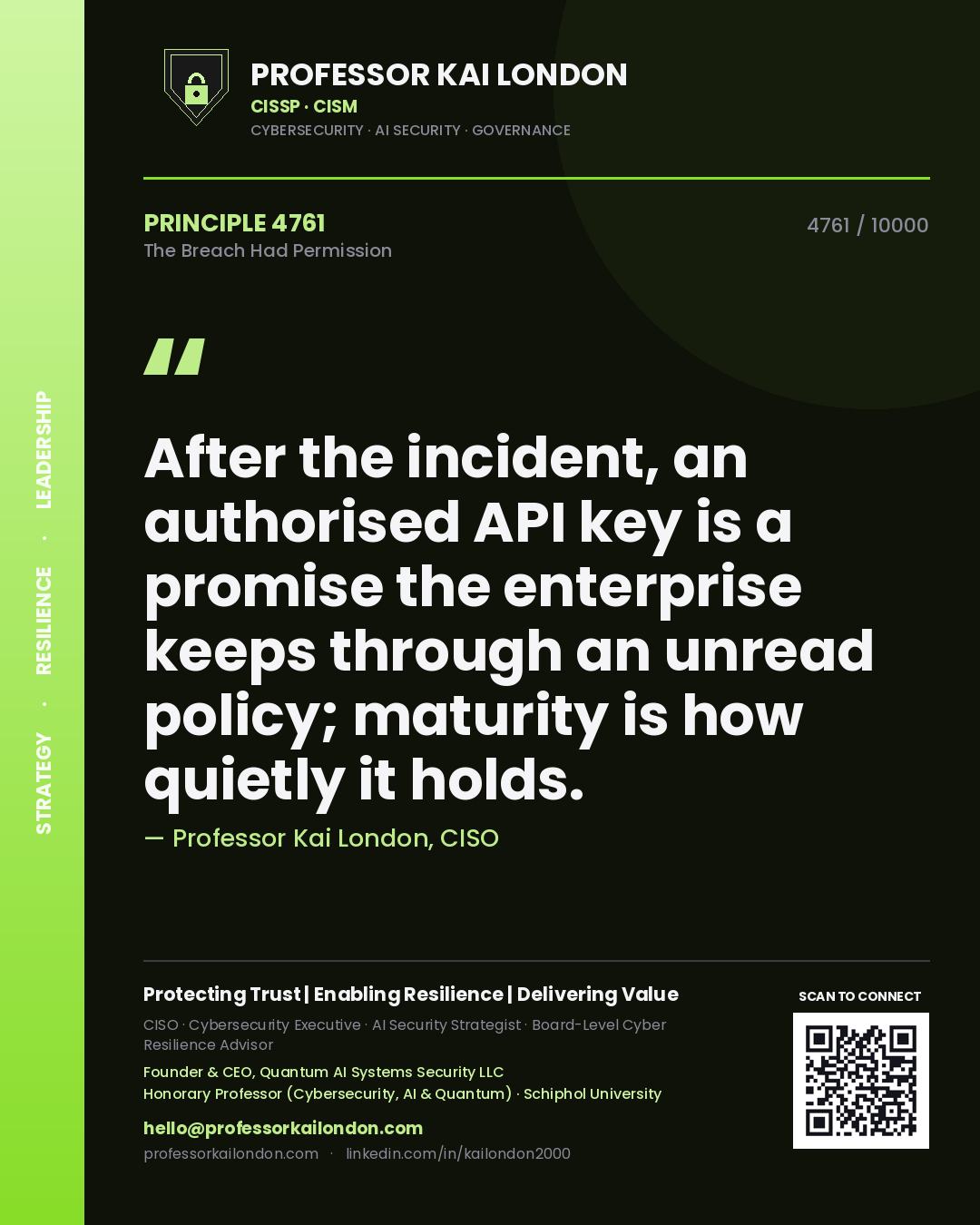 Quote card by Professor Kai London reading 'After the incident, an authorised API key is a promise the enterprise keeps through an unread policy; maturity is how quietly it holds.'. From the book The Breach Had Permission.