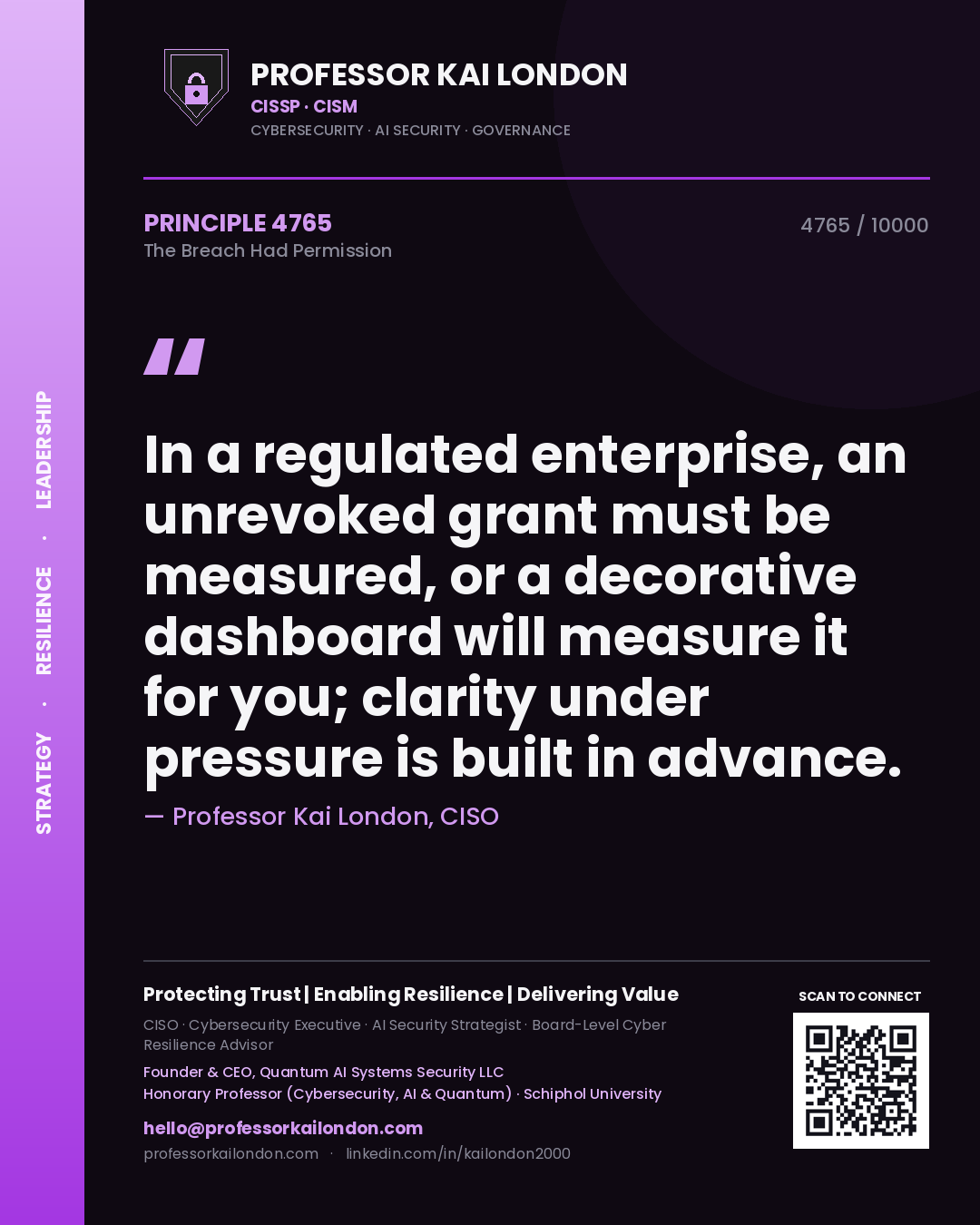 Quote card by Professor Kai London reading 'In a regulated enterprise, an unrevoked grant must be measured, or a decorative dashboard will measure it for you; clarity under pressure is built in advance.'. From the book The Breach Had Permission.