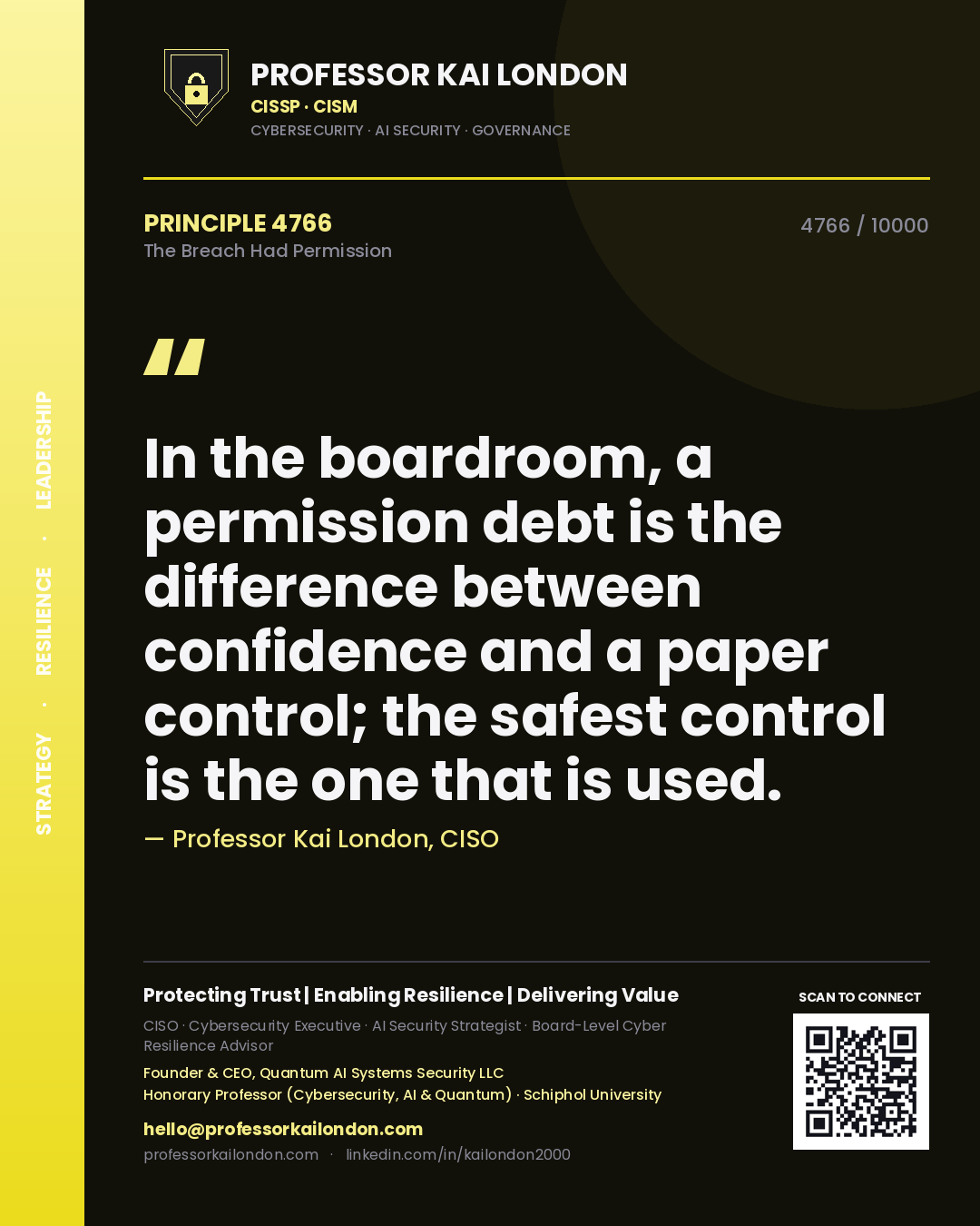 Quote card by Professor Kai London reading 'In the boardroom, a permission debt is the difference between confidence and a paper control; the safest control is the one that is used.'. From the book The Breach Had Permission.
