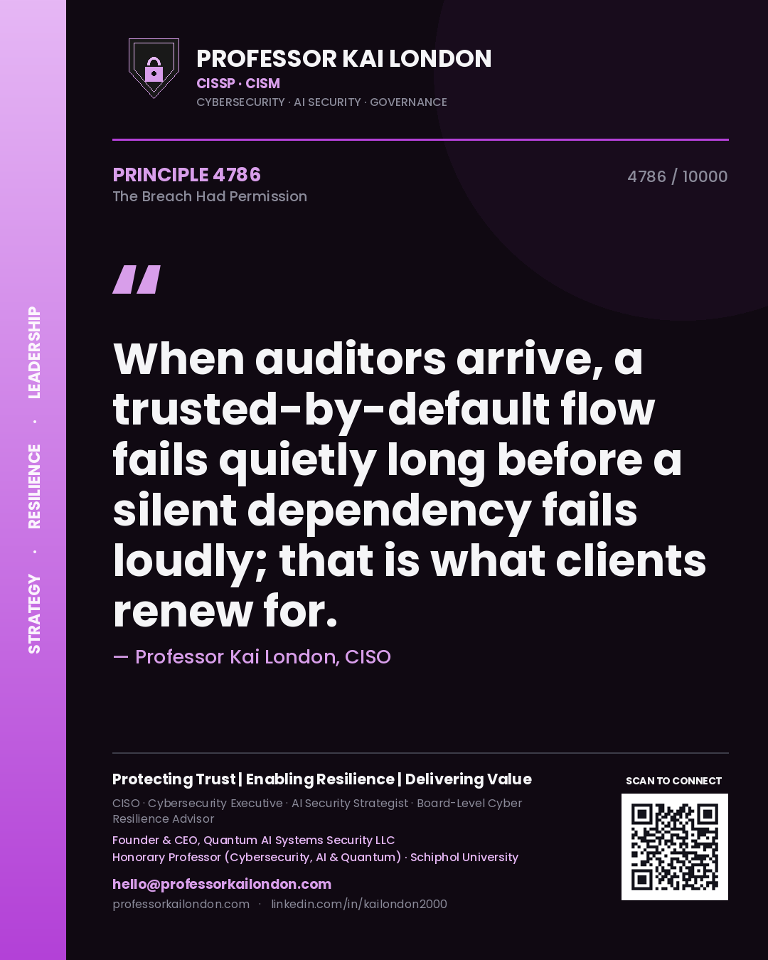 Professor Kai London principle 4786: When auditors arrive, a trusted-by-default flow fails quietly long before a silent dependency fails loudly; that is what clients renew for.