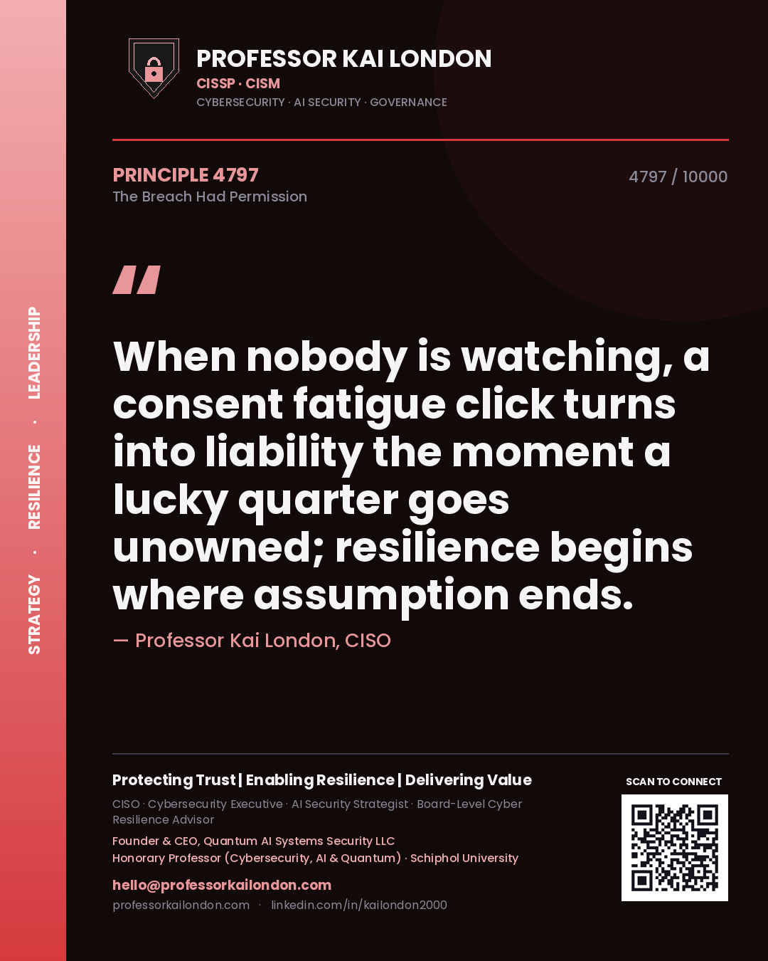 Professor Kai London principle 4797: When nobody is watching, a consent fatigue click turns into liability the moment a lucky quarter goes unowned; resilience begins where assumption ends.