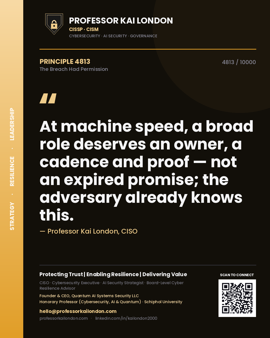Quote card by Professor Kai London reading 'At machine speed, a broad role deserves an owner, a cadence and proof — not an expired promise; the adversary already knows this.'. From the book The Breach Had Permission.