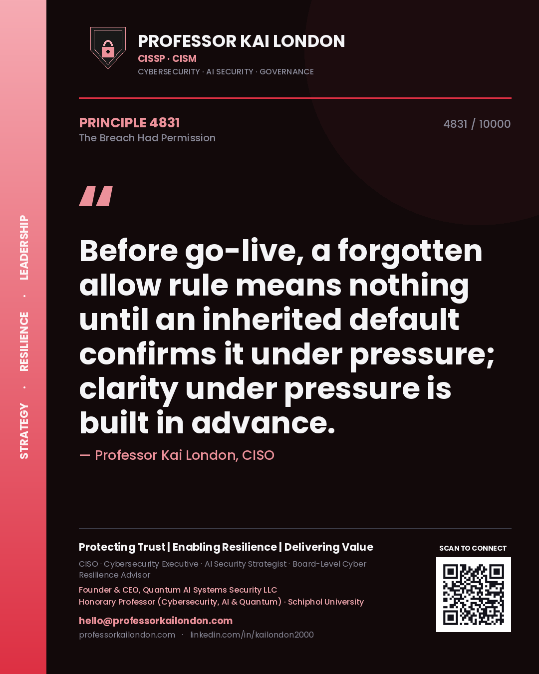 Professor Kai London principle 4831: Before go-live, a forgotten allow rule means nothing until an inherited default confirms it under pressure; clarity under pressure is built in advance.