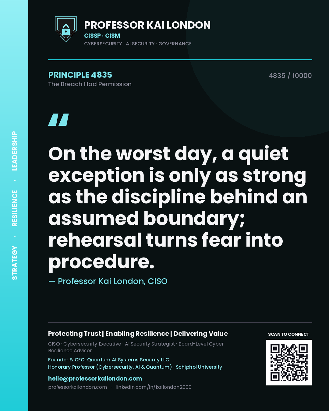 Professor Kai London principle 4835: On the worst day, a quiet exception is only as strong as the discipline behind an assumed boundary; rehearsal turns fear into procedure.