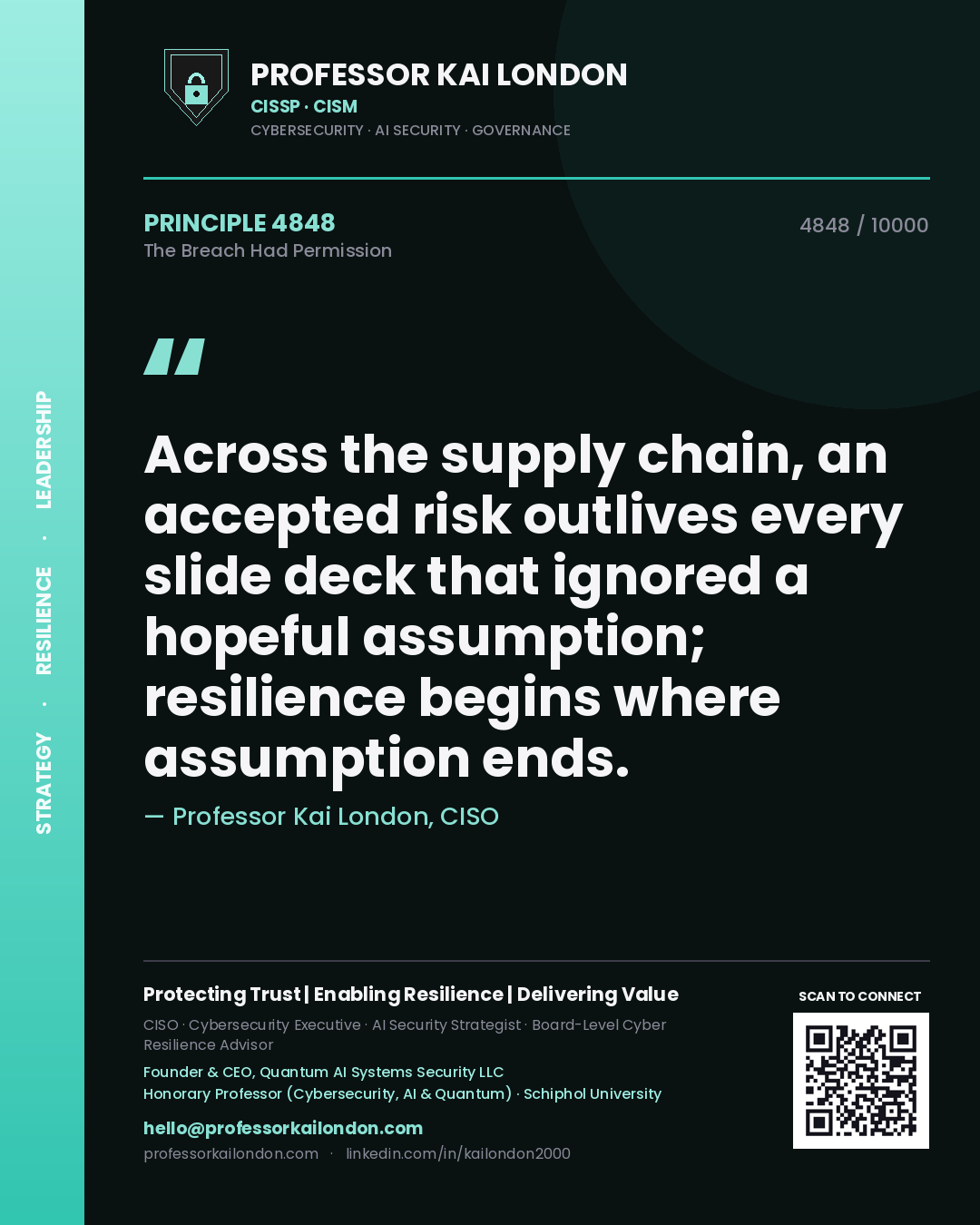 Professor Kai London principle 4848: Across the supply chain, an accepted risk outlives every slide deck that ignored a hopeful assumption; resilience begins where assumption ends.